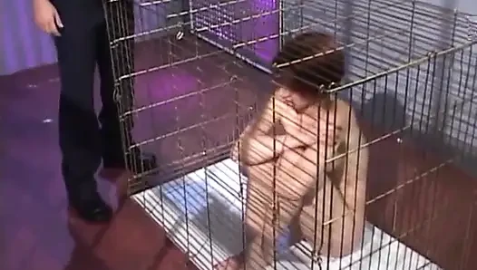 Submissive slut blowing police officers dick while in cage