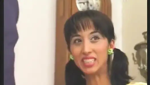 Skinny brunette chick with small tits gets jizzed on her hairy pussy