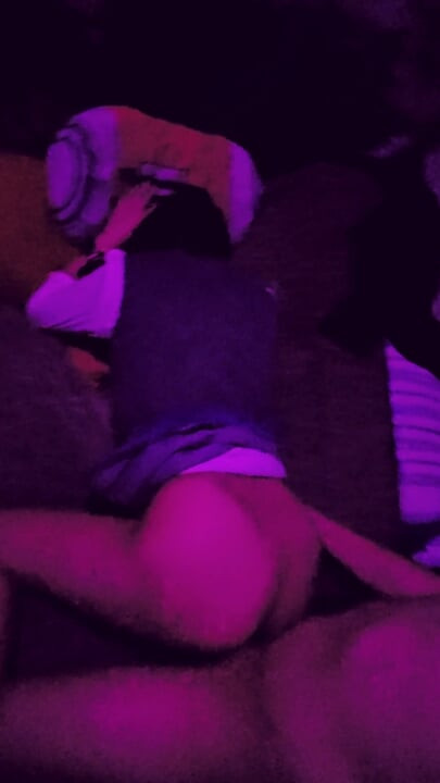 My stepsister wears a short skirt without panties I lift her up and fuck her on all fours while she moans