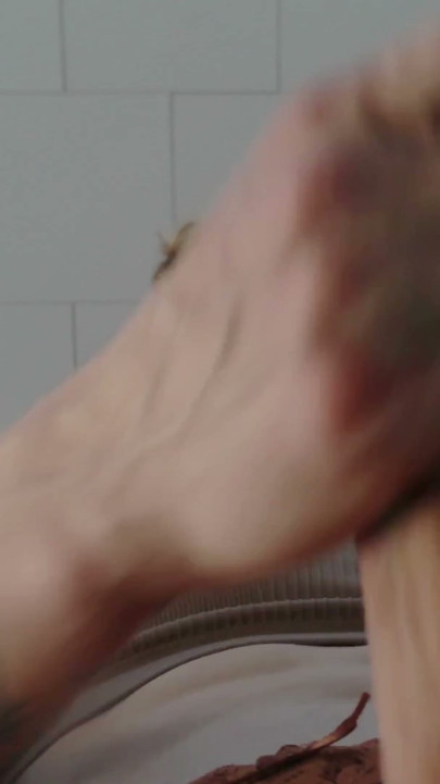 strawberry blonde femboy red lipstick tease - sports bra & fishnets cums on your face | Clip 1