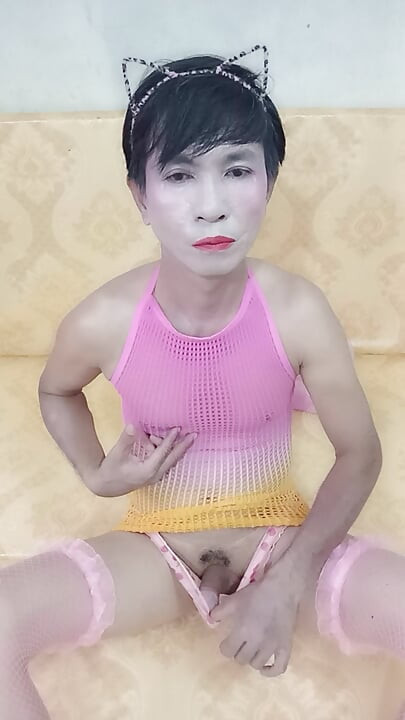 Transgender Oanh Le wears sexy clothes masturbating and ejaculates all over her body