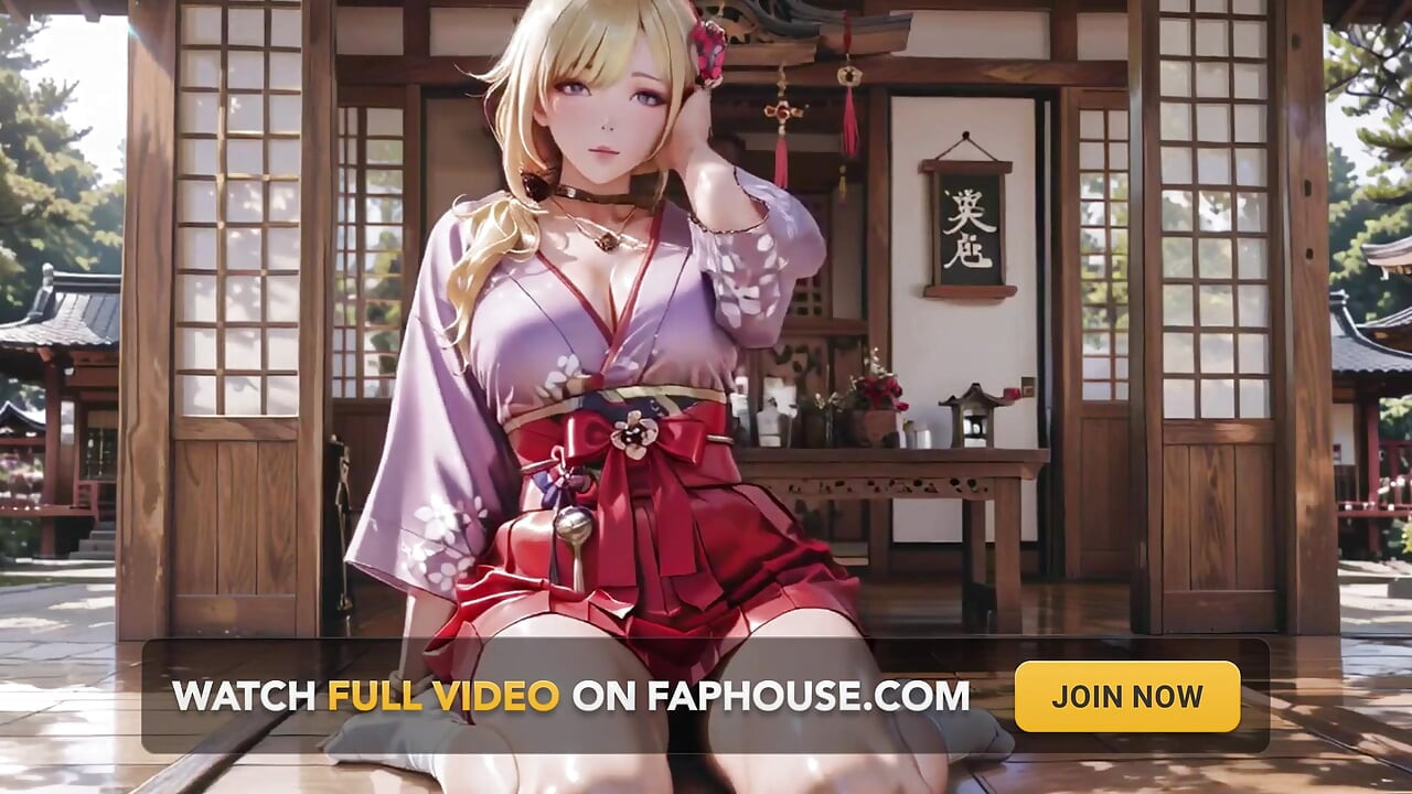 Blonde godin in de Japanse gang, luie blikken, hand op heupen, zonlicht dat haar huid doordrenkt