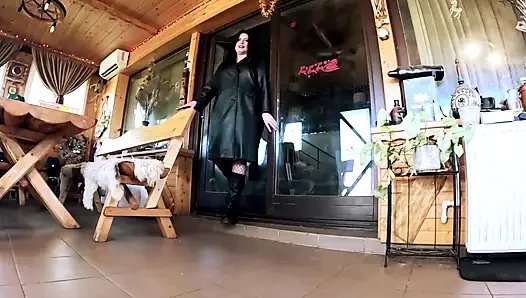 Amazon Smoking MILF in Leather, Big Cigar Blowjob, Doggy and Double Cum on Clothes and Hair