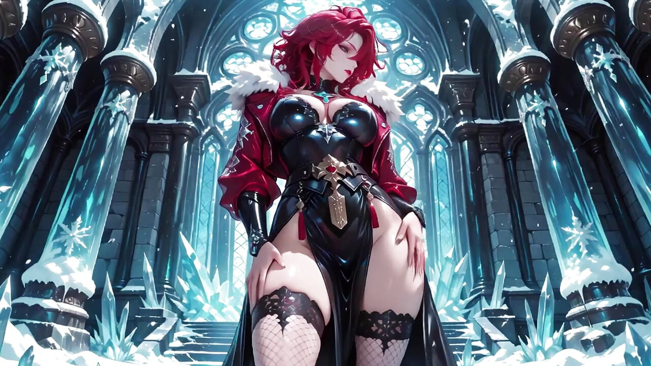 Red-haired Sorceress makes a stunning entrance in the Crystal Hall, robe slightly open and staff tapping seductively.