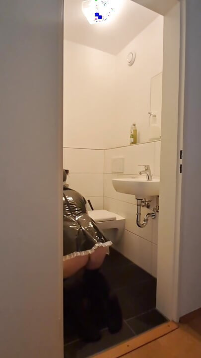 Caged Sissy Maid Slave - Cleaning the Bathroom for Mistress and Her Boyfriend