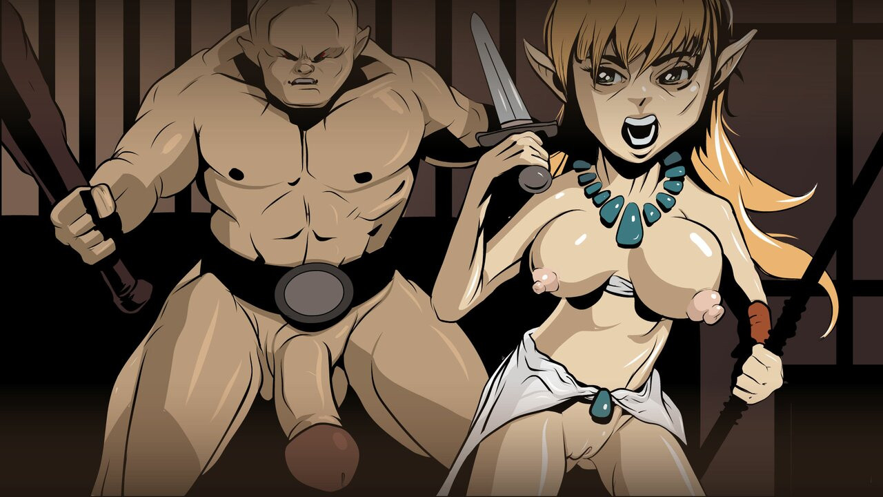 Naked dungeos & dragons fantasy elf girl running from big dicked cave troll in hentai cartoon style.