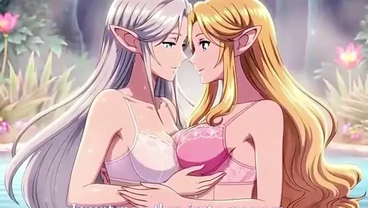 Two beautiful lesbian elves share an intimate night in a magical hot springs