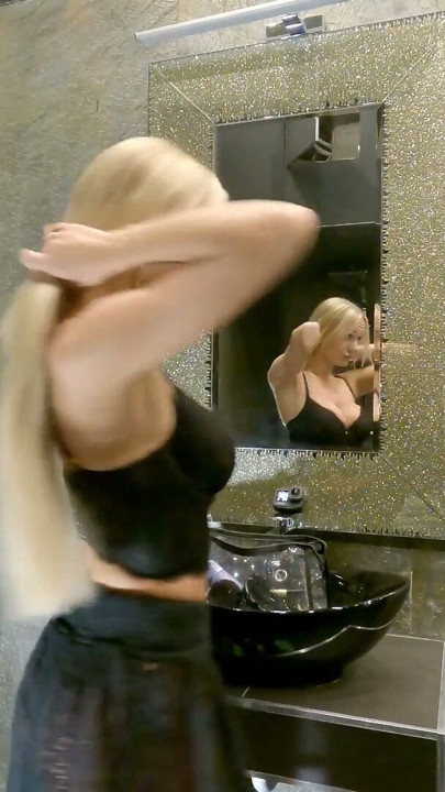 Big Tits Long Haired Sexy Blonde prepares for the Night in a See Through Mini Skirt with Underknee socks and No Panties | Clip 2