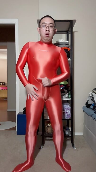 Orange Amoresy Spandex Suit, Hot Sex Jerk Off with Condom and Cum
