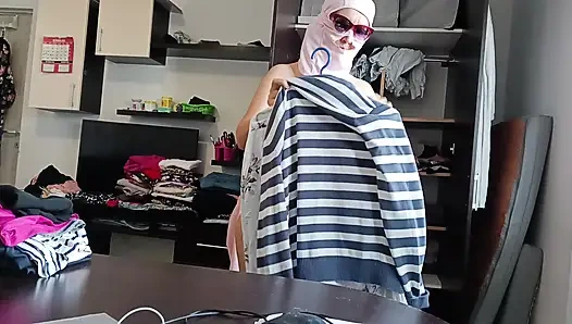 Amateur Woman Has Fun Trying on Clothes and Cutting Them