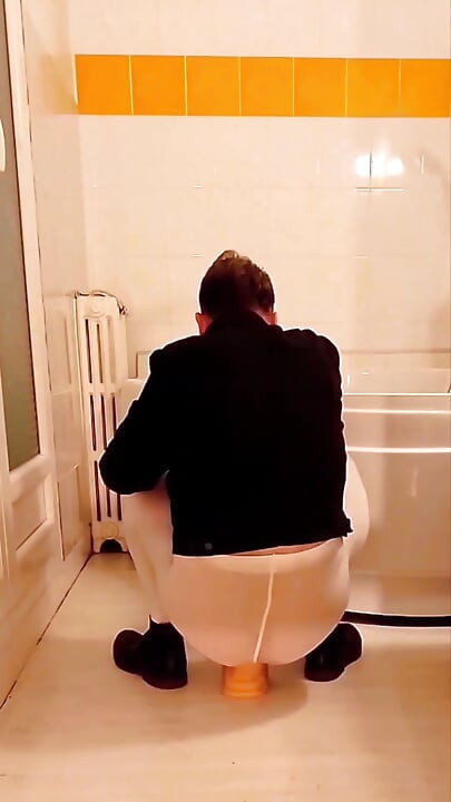 Dildo Riding in the Bathroom Wearing an Open White Pantyhose
