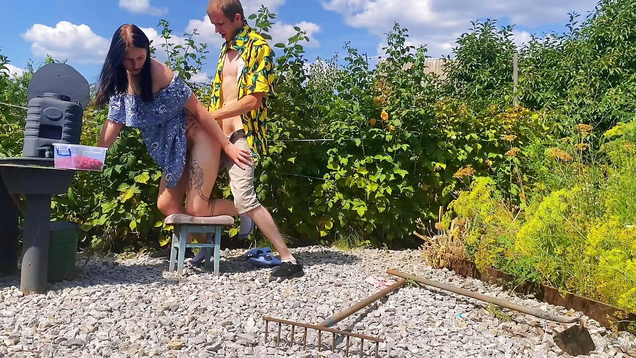 Rough outdoor fuck in the garden while picking berries