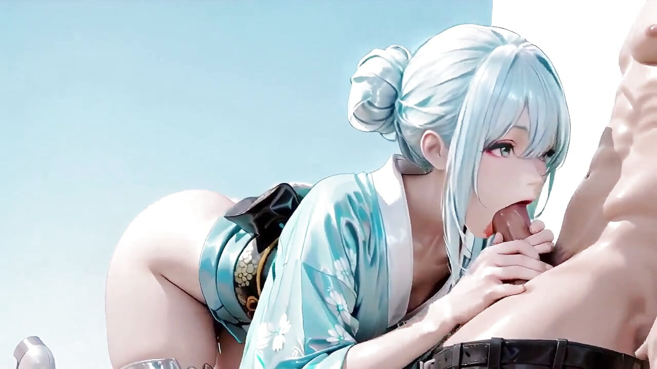 Silver-haired Maid in an Ice Palace! Red & Green Kimono, Legs Spread Wide