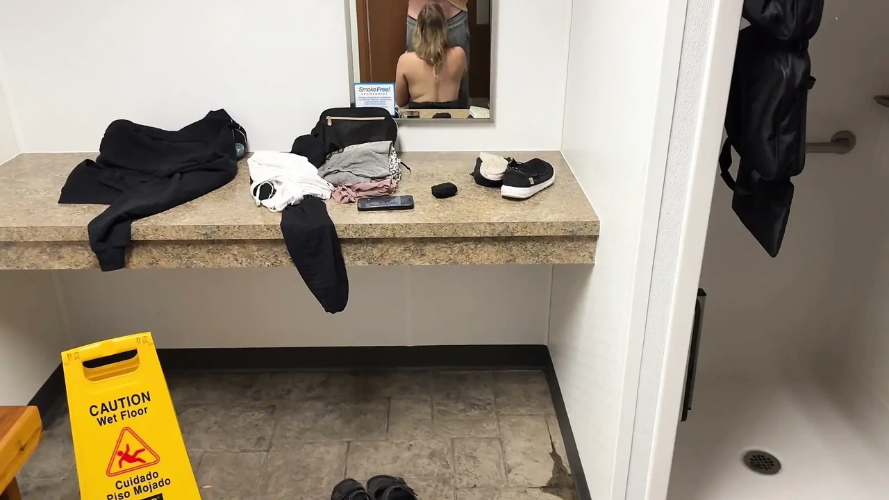 Wife caught masturbating in public restroom, then fucked by the campfire