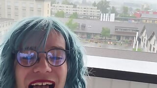 Sissy Anna playing Outdoor on Balcony with Dildo - Anal & Blow Training