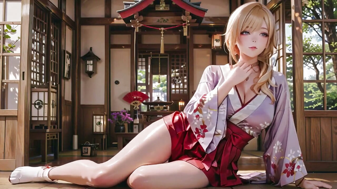 Blonde göttin auf dem japanischen Korridor, Faule Blicke, Hand auf Hüften, Sonnenlicht tränkt ihre Haut