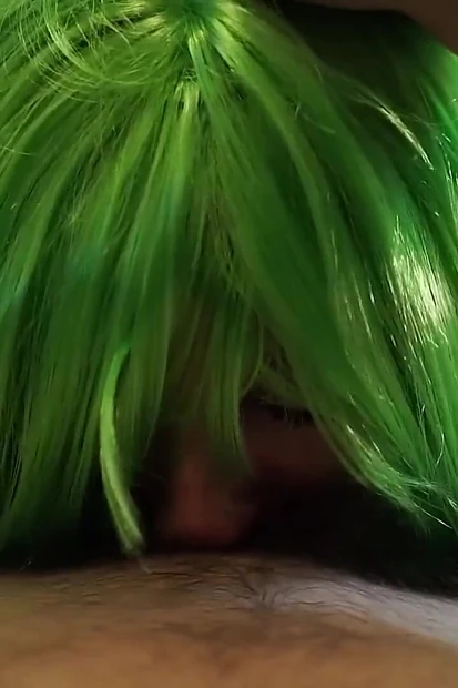 Green Haired Girl with Natural Pussy Gets Cum on Her Face