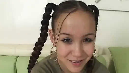 Beautiful young asian girl with braces and pigtails sucks cock pov style