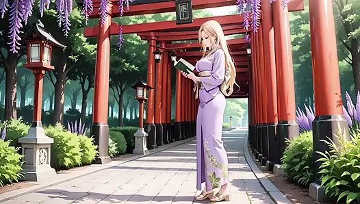 Blondine in Lavendel! Barfuß unter dem roten Torii-Tor knien und ihr andouf flattert in der brise.