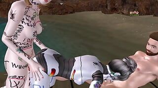 An animated 3D porn video of a beautiful Robot Girl having threesome sex with a man and girl