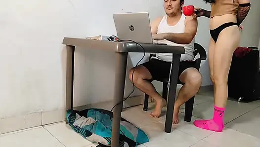 Colombian stepbrother studies on laptop while Venezuelan stepsister sucks his cock, scoops out his milk and swallows it