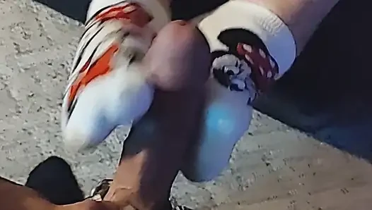 Disney Sockjob - Minnie Mouse Sock Footjob - Yellow Ankle Sock Handjob - Cum