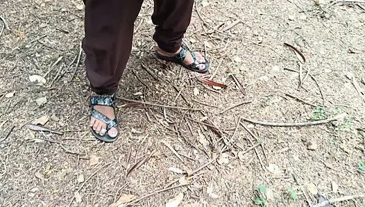 Step brother enjoying housewife breast squeeze in outdoor forest side
