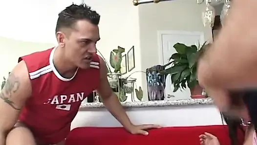 Two guys train and fuck brunette in sexy lingerie