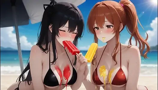 AI Gothic Beauty Meets Redhead Beauty – Beach Crossover (Eating Ice Pops)