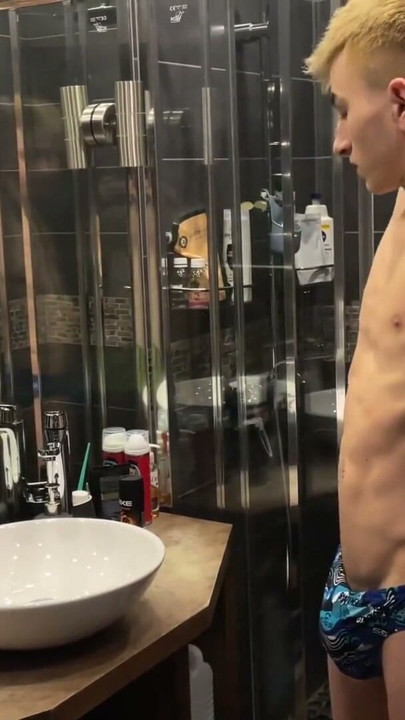 twink one squeezes and jerks his big cock bringing to orgasm, twink cum | Clip 1