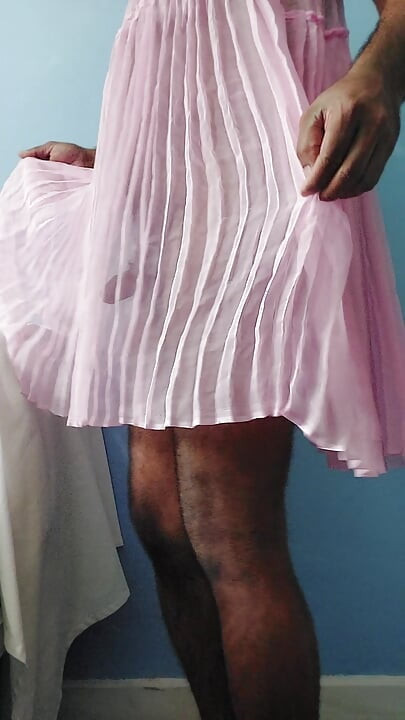 It feels so horny when masterbating in this silk seethrough fleard pleated chiffon pink skirt