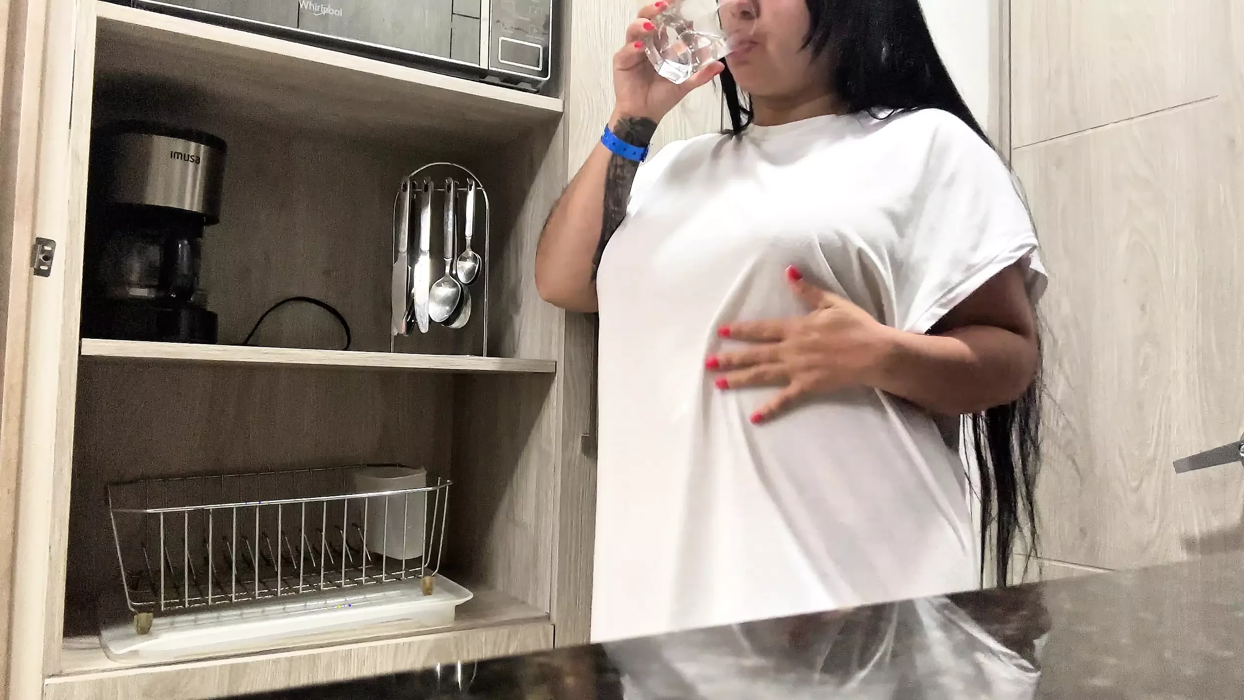 Juicy masturbation in the hotel kitchen - big natural tits
