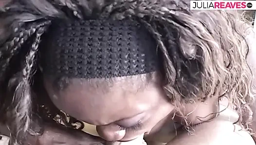 Ebony slut sucks a monster cock to a mouth cumshot