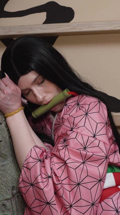 Cute Pixie Lesbian Playing Scissor with a Nezuko Kamado. Demon Slayer