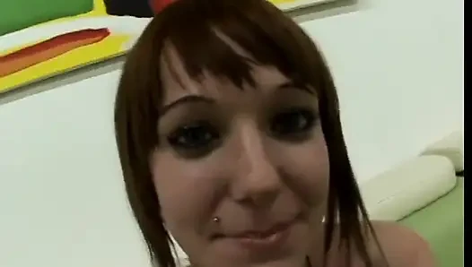 Brunette teen with piercing sucks cock then gets fucked from POV