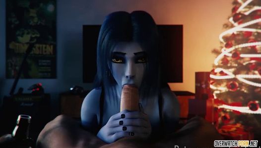 Sexy beautiful Widowmaker and Mercy blowing big dick POV