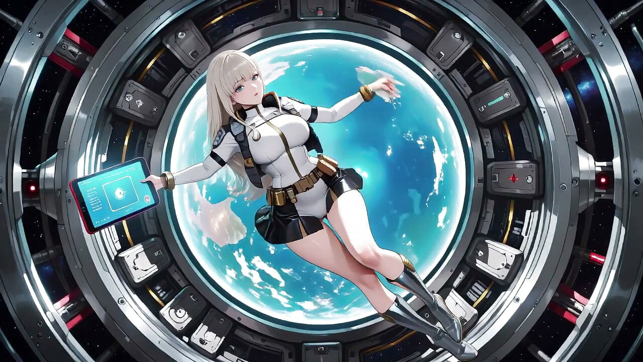 Momentos privados dentro de la nave espacial futurista donde su uniforme blanco se estira a la perfección.