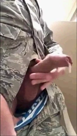 uncut military man pumps out a load in public bathroom