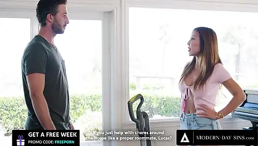 Modern zamanların günahları - seksi hatun Nicole Doshi kızgın oda arkadaşı tarafından sert sikiliyor