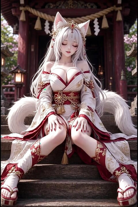 3D動漫狐妖在寺廟階梯上自慰並騎乘她的肉棒