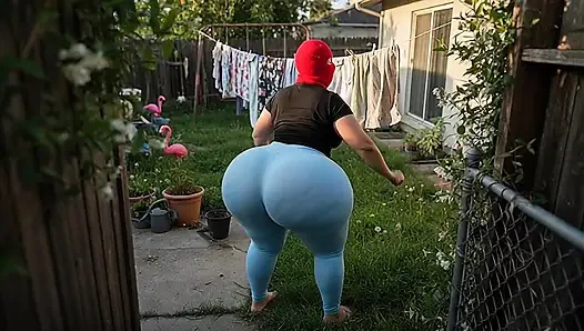 Tetangga pantat bahenol dengan legging ketat warna biru dan celana dalam thong biru di teras rumah