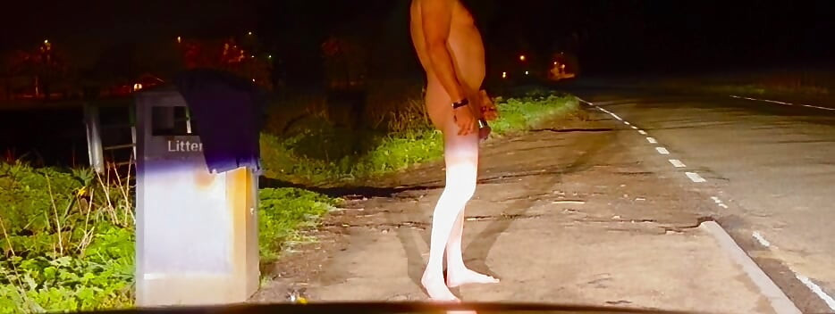 Nude barefoot pee side of road