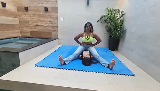 Belly and chest sitting by veronica and her slave