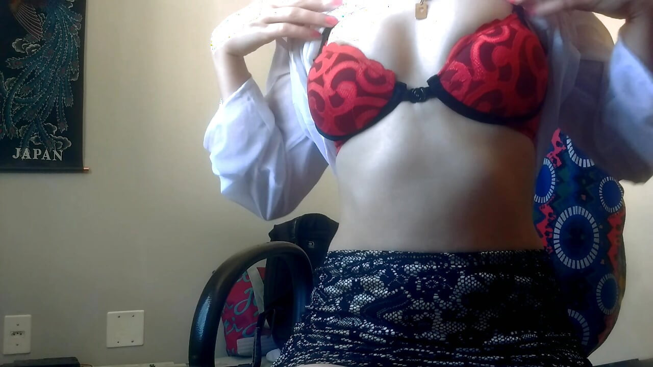 Hot secretary starting masturbation while working , already wearing just skirts and no panties