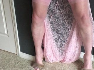 Crossdresser cums wearing pink lace gown and FF stockings