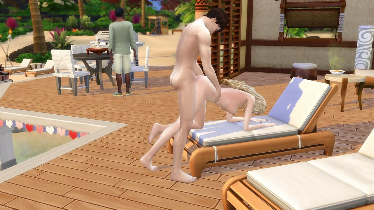 Couple in love have sex in public on the beach. The sims