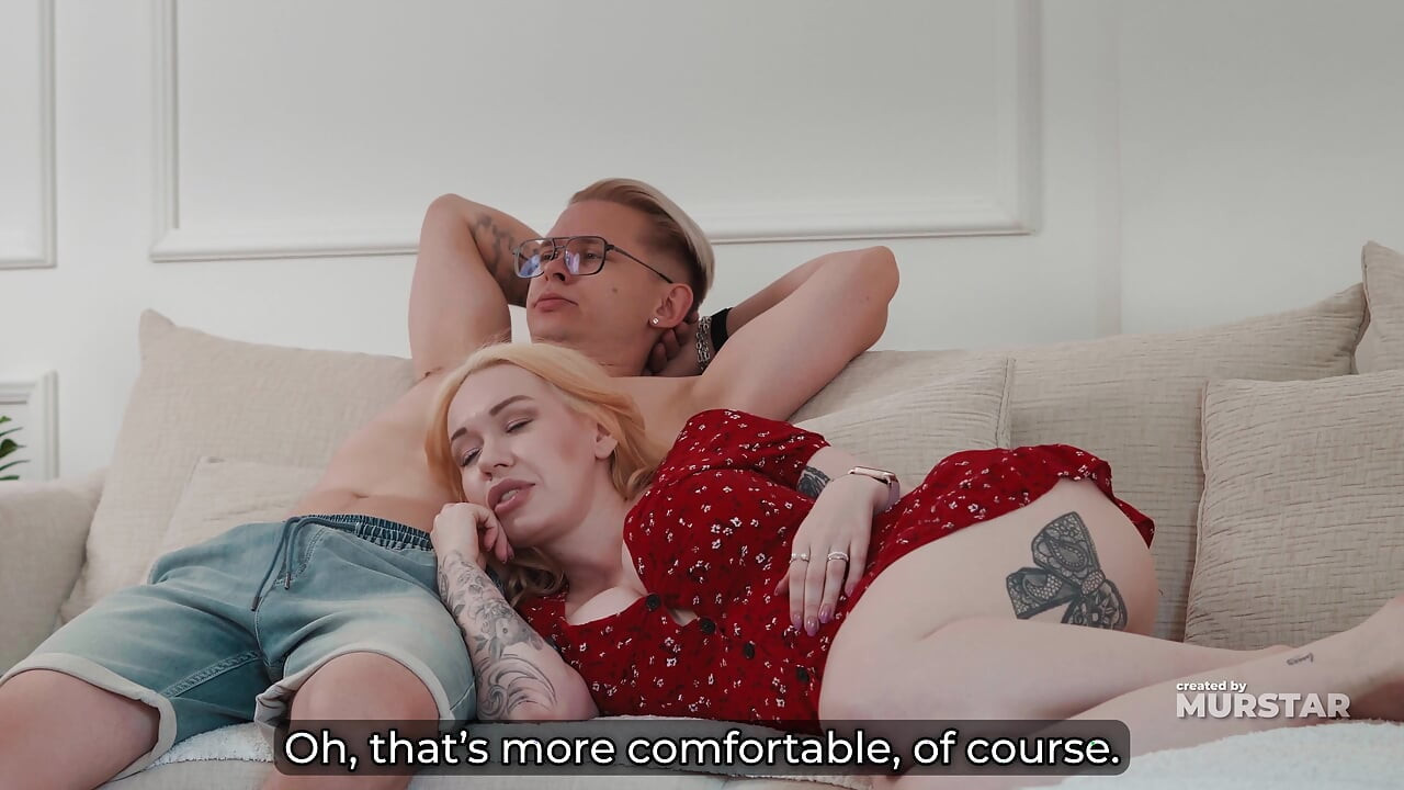 Curvy Blonde Step Mom in Tiny Red Dress Rests Head on Stepson Lap and Gets Her Throat and Tight Pussy Claimed with Creampie