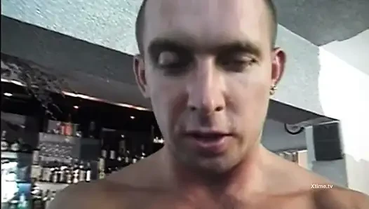 Brunette alone against four unleashed men with a hard cock hungry for pussy