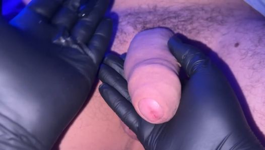 Cock jerking off with latex gloves