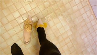 Nude stiletto heels, nylons, eggs and dressing (food mess)